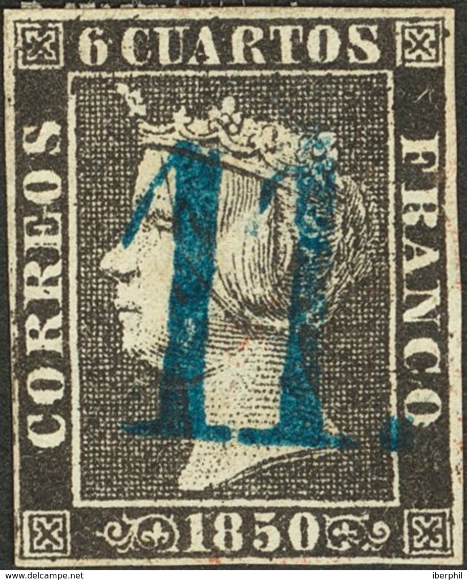 º1. 1850. 6 Cuartos Negro (I-16). Matasello "11", En Azul De Zaragoza. MAGNIFICO. - Autres & Non Classés