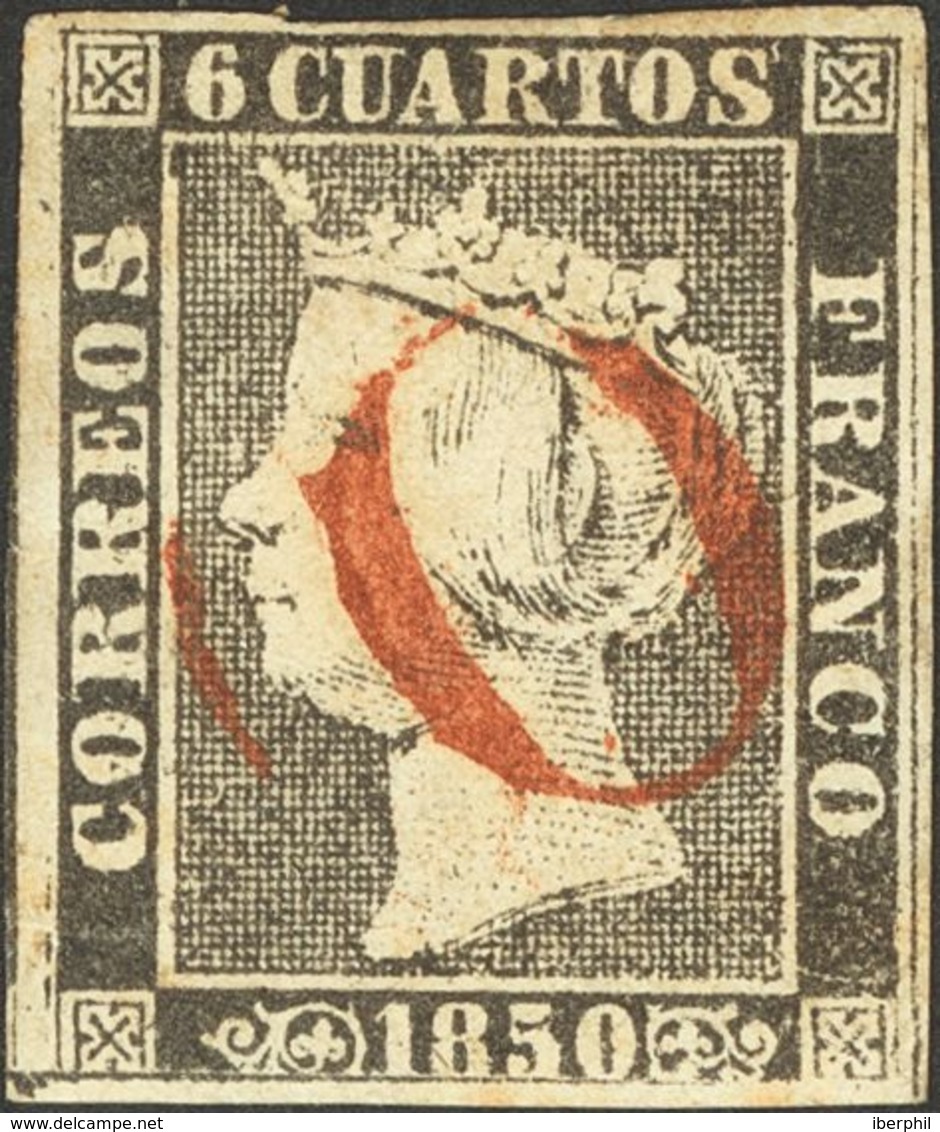 º1. 1850. 6 Cuartos Negro (I-24). Matasello "O", En Rojo De Lérida. MAGNIFICO Y RARO EN ESTA CALIDAD. - Altri & Non Classificati