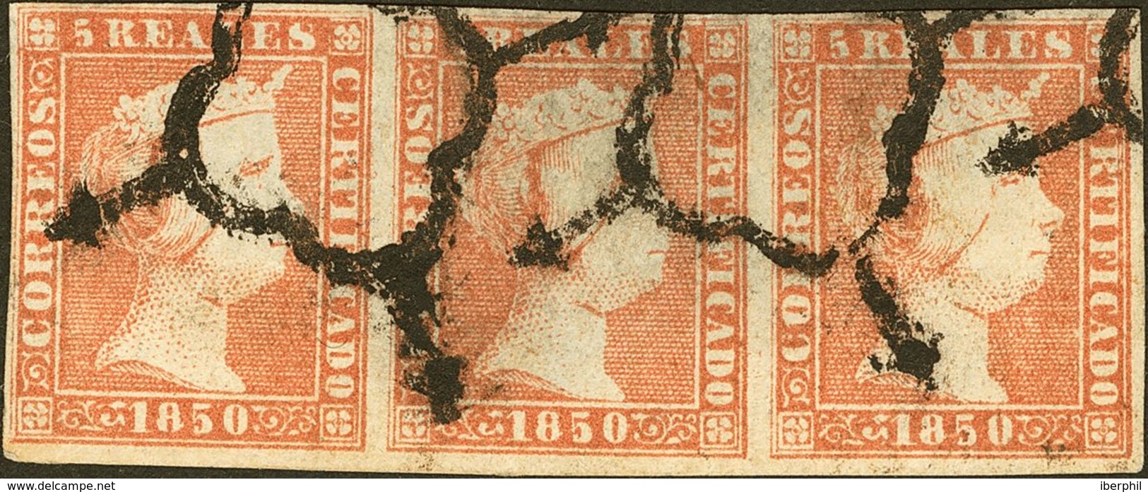 º3(3). 1850. 5 Reales Rojo, Tira De Tres (claridad Que No Afecta A La Espectacularidad E Importancia De La Pieza). MAGNI - Otros & Sin Clasificación