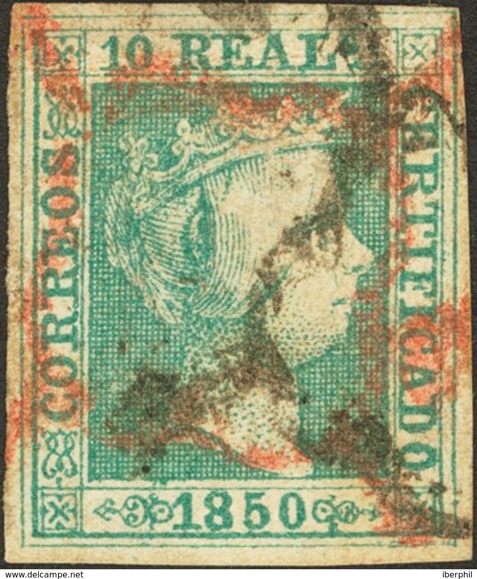 º5. 1850. 10 Reales Verde (leve Adelgazamiento). Matasello ARAÑA Doble, En Negro Y En Rojo. BONITO Y MUY RARO. Cert. CEM - Autres & Non Classés