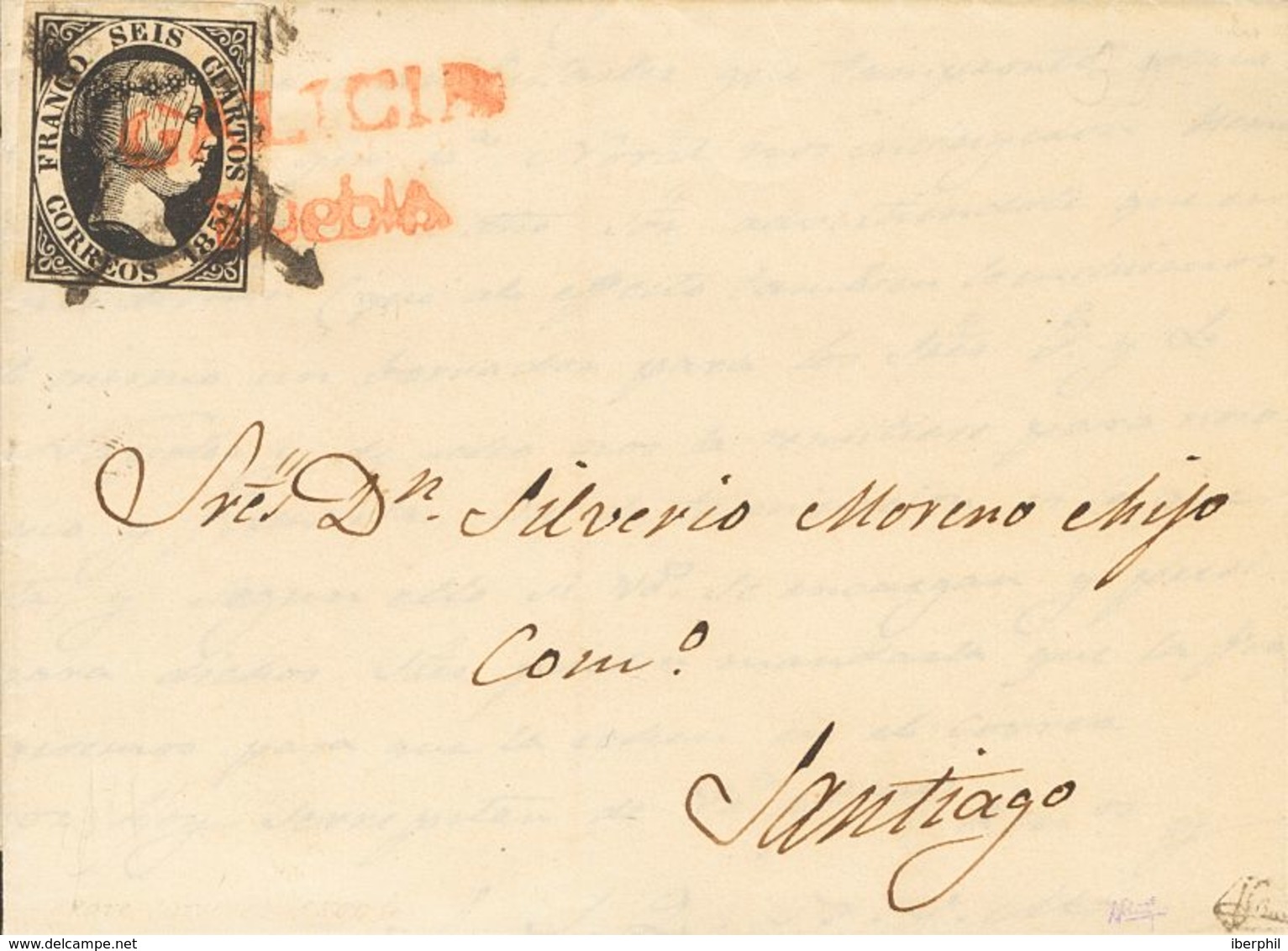 Sobre 6. 1851. 6 Cuartos Negro. PUEBLA (CORUÑA) A SANTIAGO. Matasello Mixto ARAÑA Y Marca Prefilatélica GALICIA / PUEBLA - Autres & Non Classés