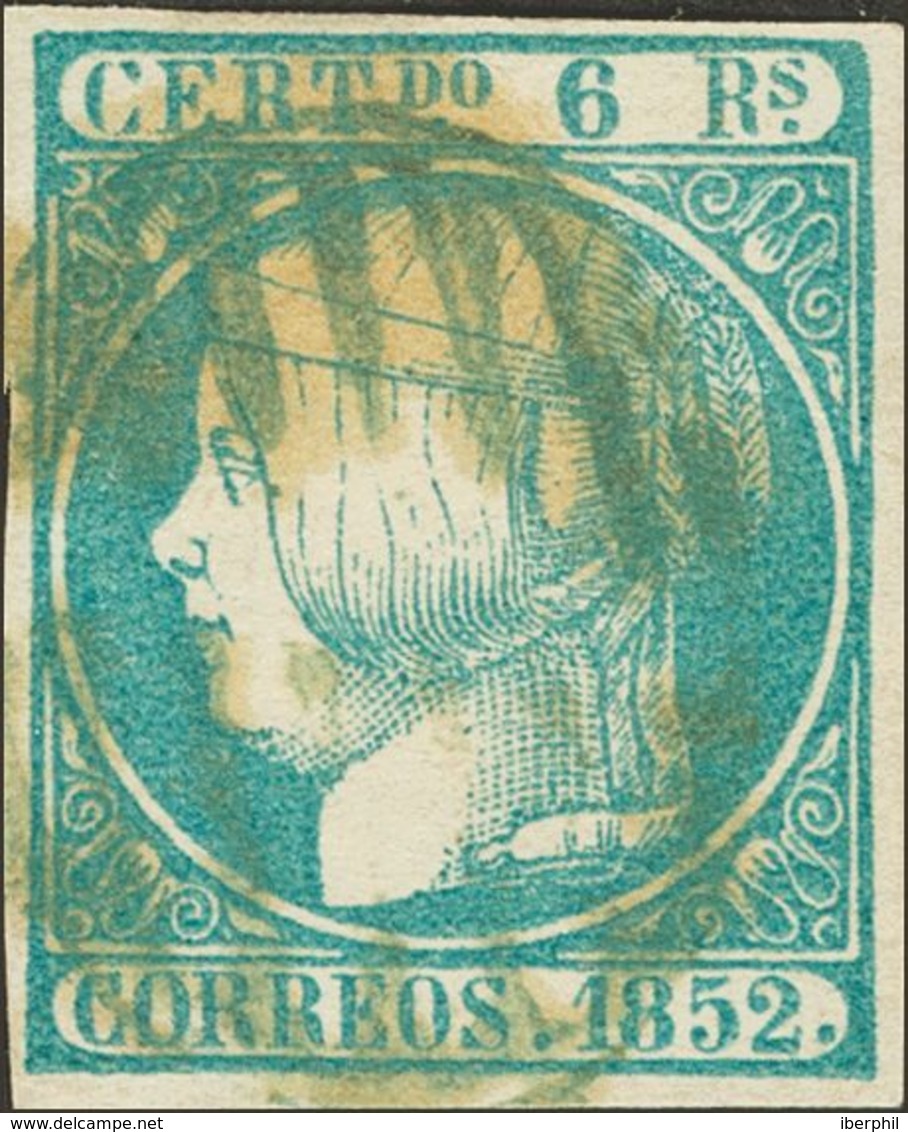 º16. 1852. 6 Reales Azul Verdoso. Matasello PARRILLA, En Azul. MAGNIFICO Y RARO. Edifil 2014: 950 Euros - Sonstige & Ohne Zuordnung