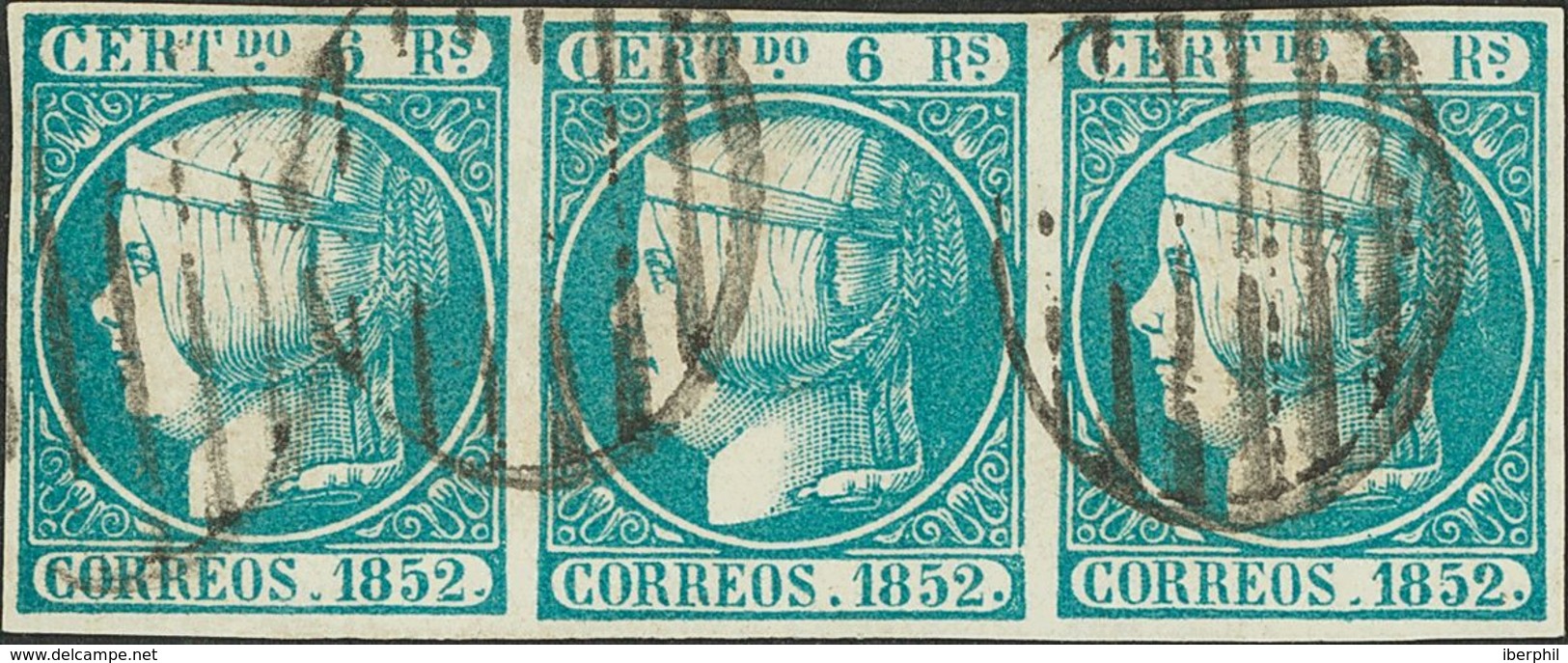 º16(3). 1852. 6 Reales Azul Verdoso, Tira De Tres. Color Excepcional Y Enormes Márgenes (matasello Limpio). MAGNIFICA Y  - Autres & Non Classés