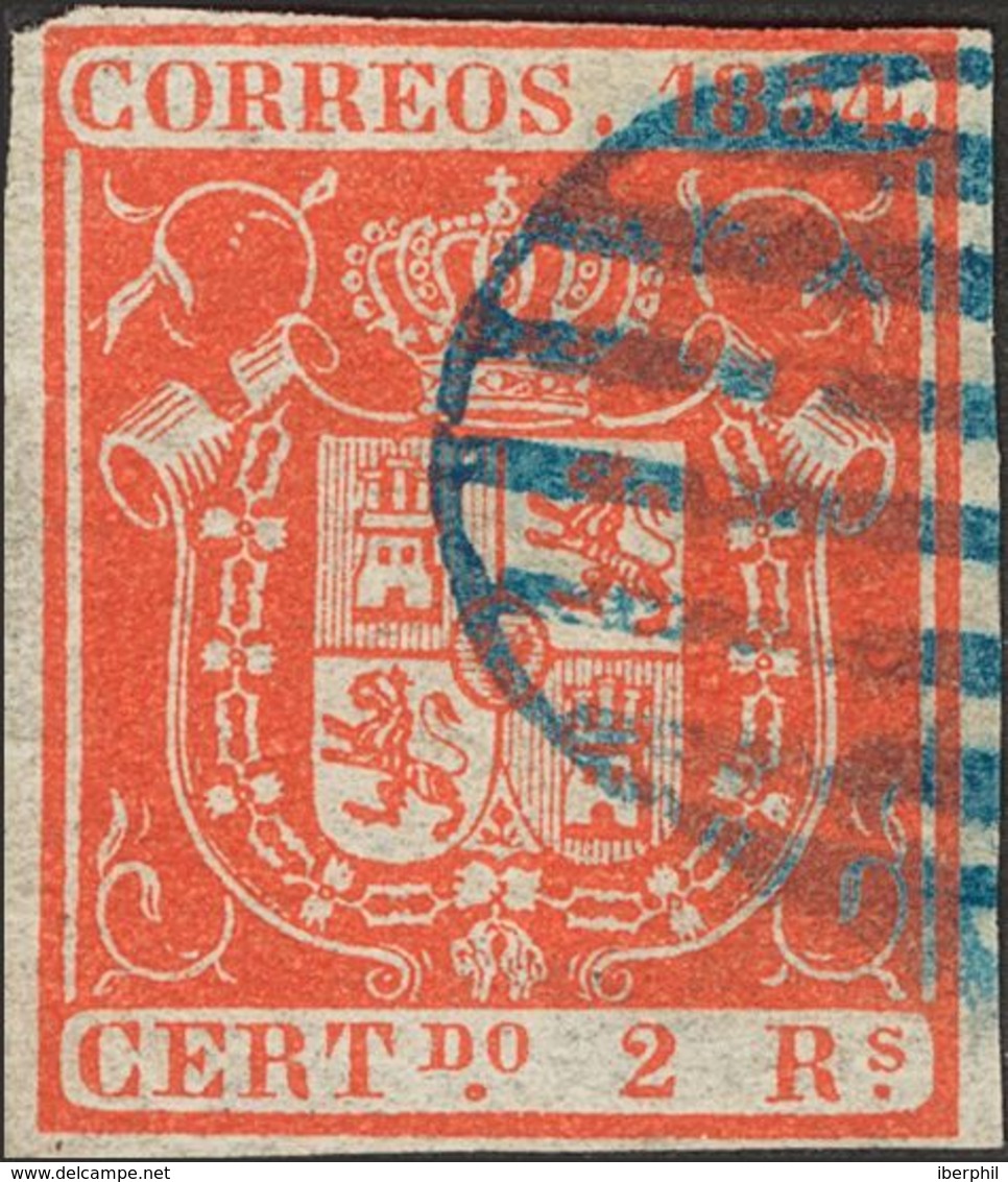 º25. 1854. 2 Reales Rojo. Matasello PARRILLA, En Azul. BONITO Y RARO. Cert. COMEX. Edifil 2014: 325 Euros - Autres & Non Classés