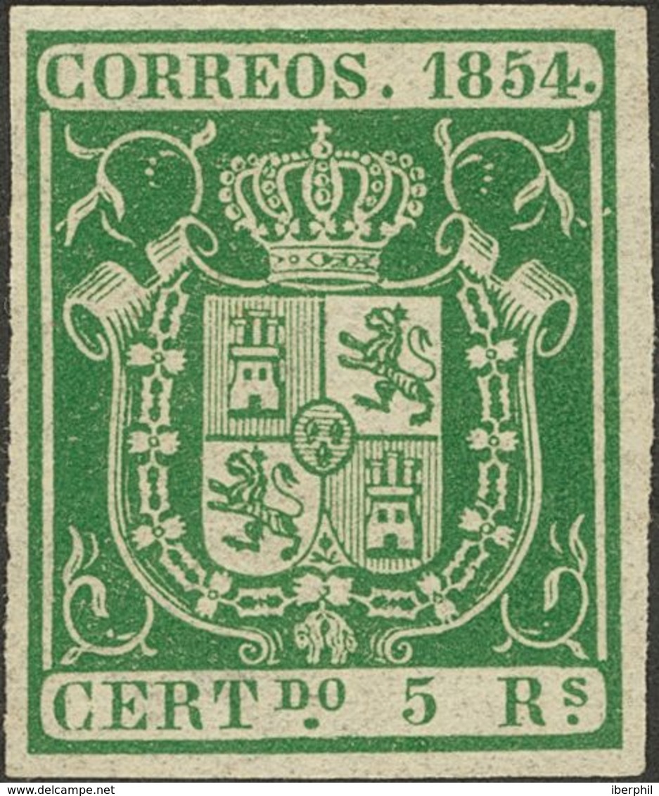 (*)26. 1854. 5 Reales Verde. Color Intenso Y Grandes Márgenes. PIEZA DE LUJO. Cert. COMEX. - Autres & Non Classés