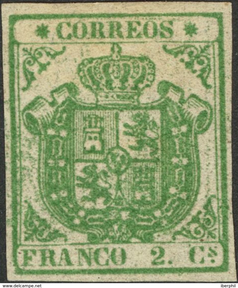 *32. 1854. 2 Cuartos Verde. Grandes Márgenes Y Color Intenso. PIEZA DE LUJO. Cert. COMEX. Edifil 2017: 2.850 Euros - Autres & Non Classés