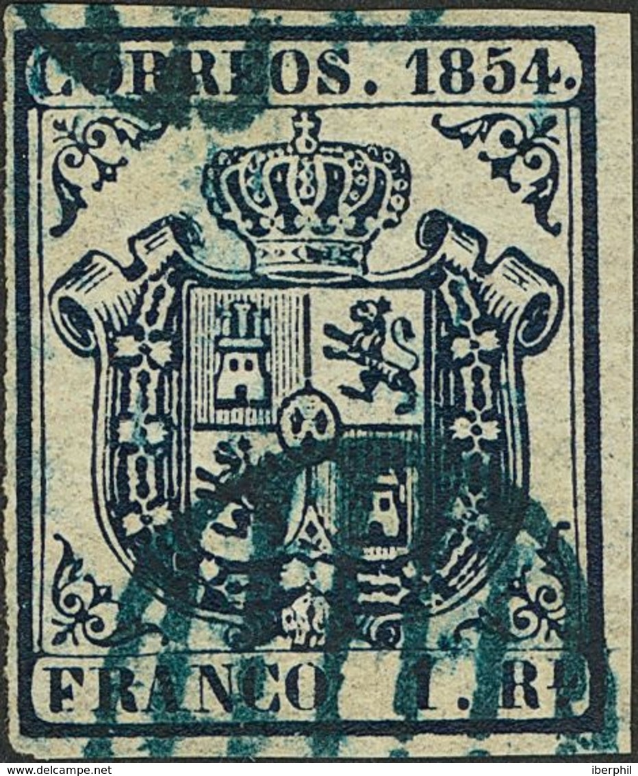 º34. 1854. 1 Real Azul. Matasello PARRILLA, En Azul. MAGNIFICO. Cert. CEM. - Andere & Zonder Classificatie