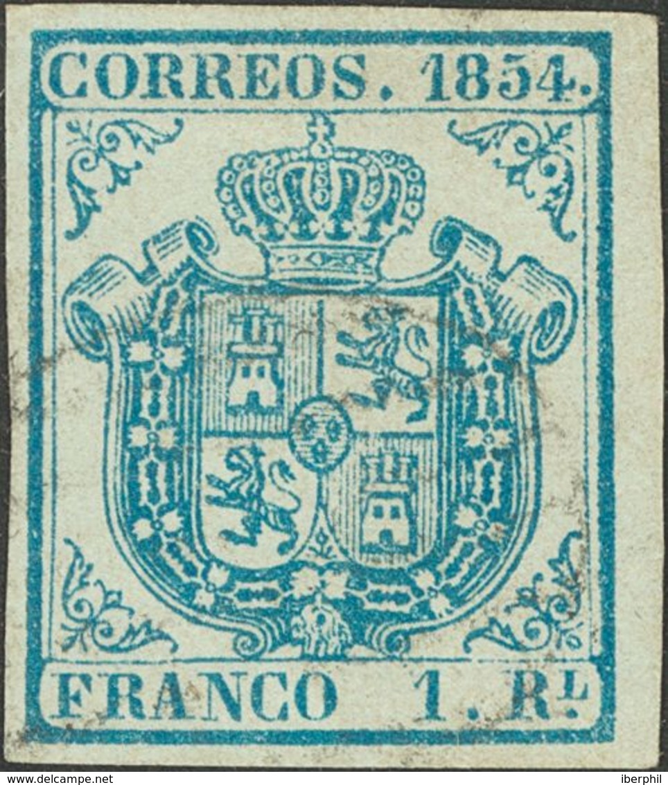 º34A. 1854. 1 Real Azul Pálido, Borde De Hoja. Márgenes Enormes Y Matasello Muy Leve. PIEZA DE LUJO, CASI CON TODA SEGUR - Andere & Zonder Classificatie