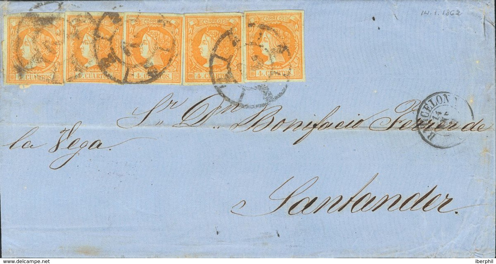 Sobre 52(5). 1862. 4 Cuartos Naranja. BARCELONA A SANTANDER. Matasello R.CARRETA Nº2. MAGNIFICA E INUSUAL FRANQUEO DE CI - Sonstige & Ohne Zuordnung