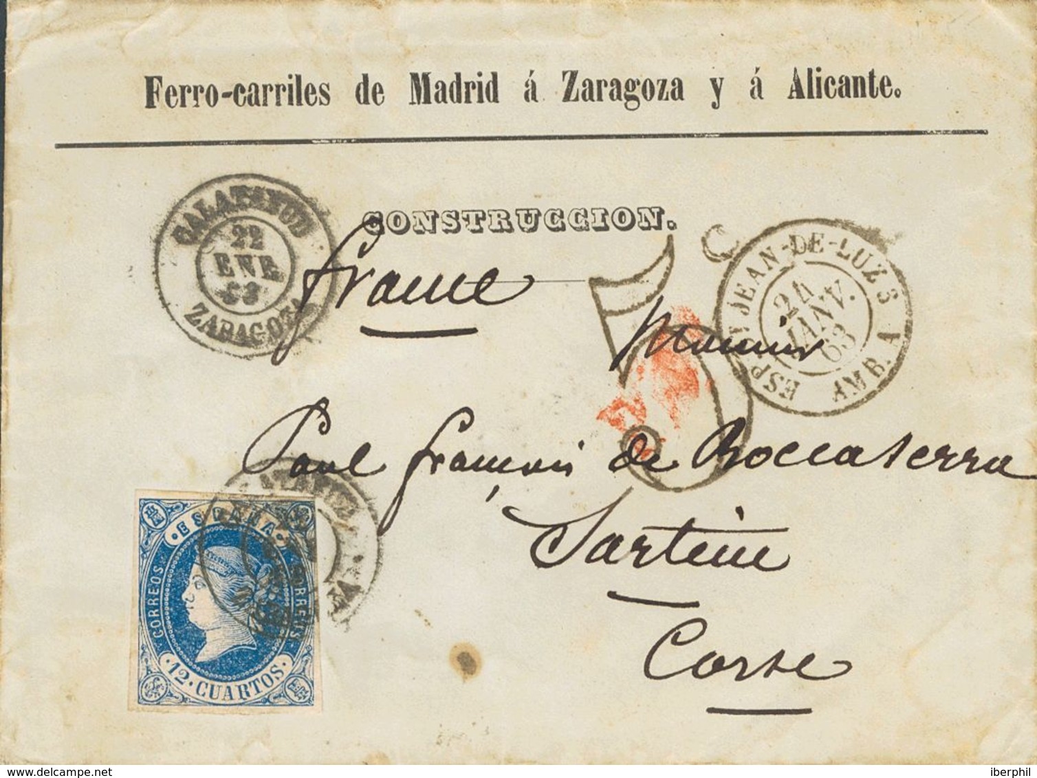 Sobre 59. 1863. 12 Cuartos Azul. Sobre Con Membrete FERROCARRILES DE MADRID A ZARAGOZA Y A ALICANTE De CALATAYUD A SARTE - Andere & Zonder Classificatie