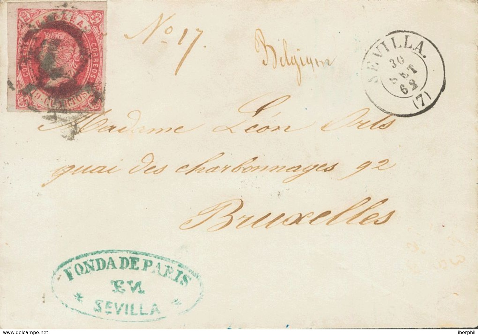 Sobre 60. 1862. 19 Cuartos Rosa. SEVILLA A BRUSELAS. MAGNIFICA Y MUY RARA CARTA CIRCULADA CON EL 19 CUARTOS. Cert. CEM. - Andere & Zonder Classificatie