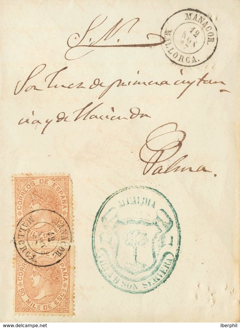 Sobre 96(2). 1867. 50 Mils Castaño Claro, Dos Sellos. SON SERVERA (MALLORCA) A PALMA DE MALLORCA. Matasello MANACOR / MA - Sonstige & Ohne Zuordnung