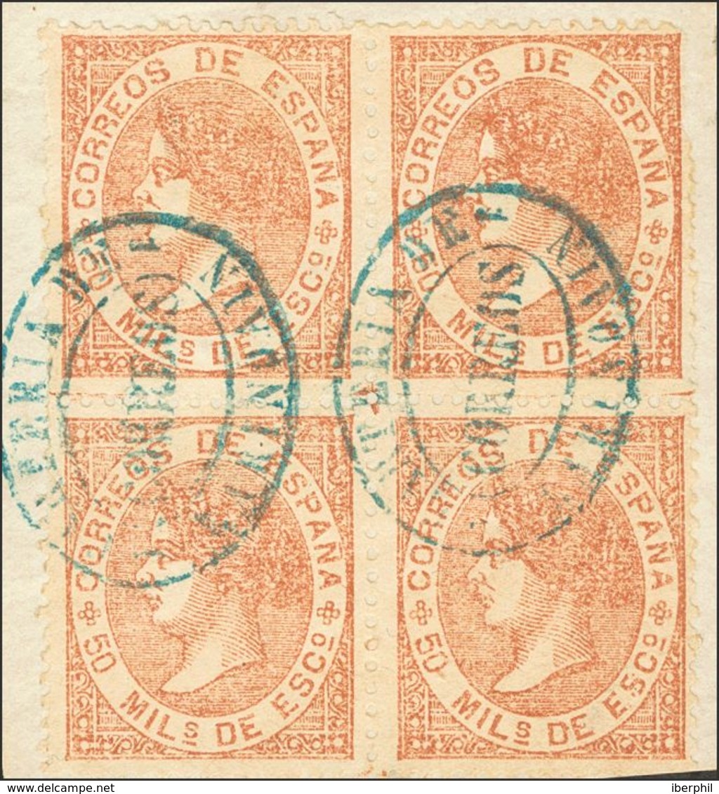 º96(4). 1867. 50 Mils Castaño Amarillo, Bloque De Cuatro Sobre Fragmento. Matasello CARTERIA DE / GARINOAIN, En Azul De  - Sonstige & Ohne Zuordnung