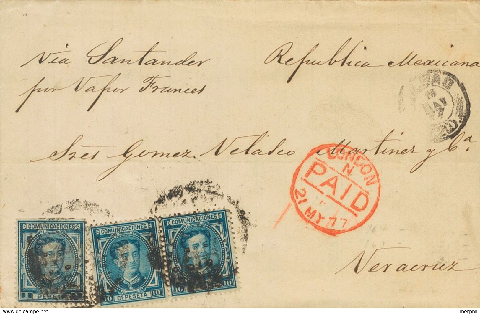 Sobre 175(2), 180. 1877. 10 Cts Azul, Dos Sellos Y 1 Pts Azul. BILBAO A VERACRUZ (MEJICO). En El Frente Manuscrito "Vía  - Autres & Non Classés