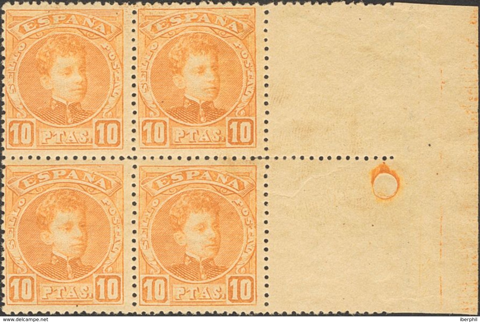 **255(4). 1901. 10 Pts Naranja, Bloque De Cuatro, Borde De Hoja. MAGNIFICO Y MUY RARO. Cert. CEM. Edifil 2019: ++1.720 E - Andere & Zonder Classificatie