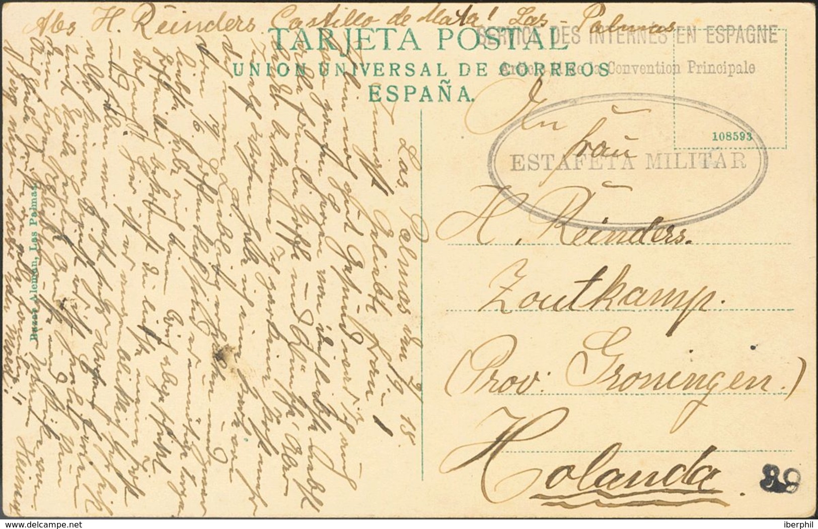 Sobre . 1918. Tarjeta Postal De LAS PALMAS A ZOUTKAMP (HOLANDA). Marca De Franquicia SERVICE DES INTERNES EN ESPAGNE / A - Altri & Non Classificati