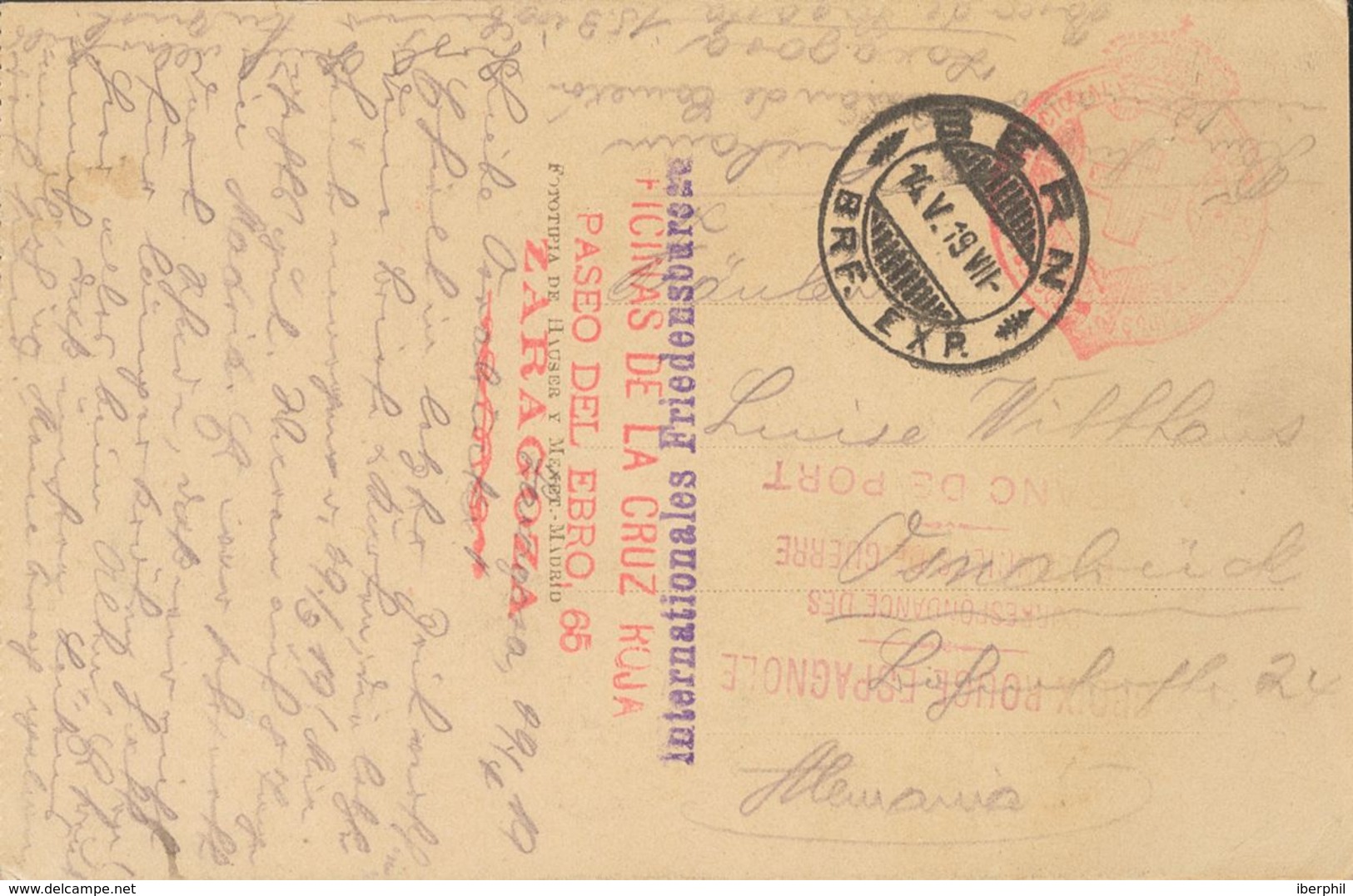 Sobre . 1919. Tarjeta Postal De ZARAGOZA A OSNABRUCK (ALEMANIA). Marca De Franquicia CROIX ROUGE ESPAGNOLE / CORRESPONDA - Andere & Zonder Classificatie