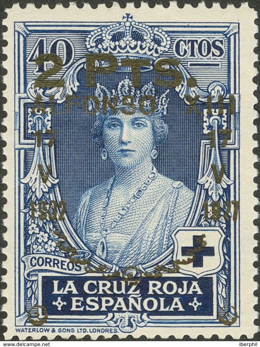 **383hcc. 1927. 2 Pts Sobre 40 Cts Azul. Variedad CAMBIO DE COLOR DE LA SOBRECARGA, En Negro. MAGNIFICO Y RARO. Edifil 2 - Autres & Non Classés