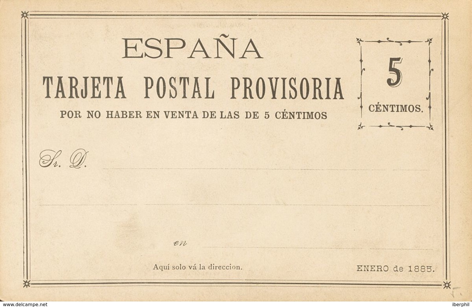 (*)EPCC1. 1885. 5 Cts Negro. TARJETA POSTAL PROVISORIA DE CARRERAS CANDI (sin La Marquilla Violeta). MAGNIFICA. - Sonstige & Ohne Zuordnung