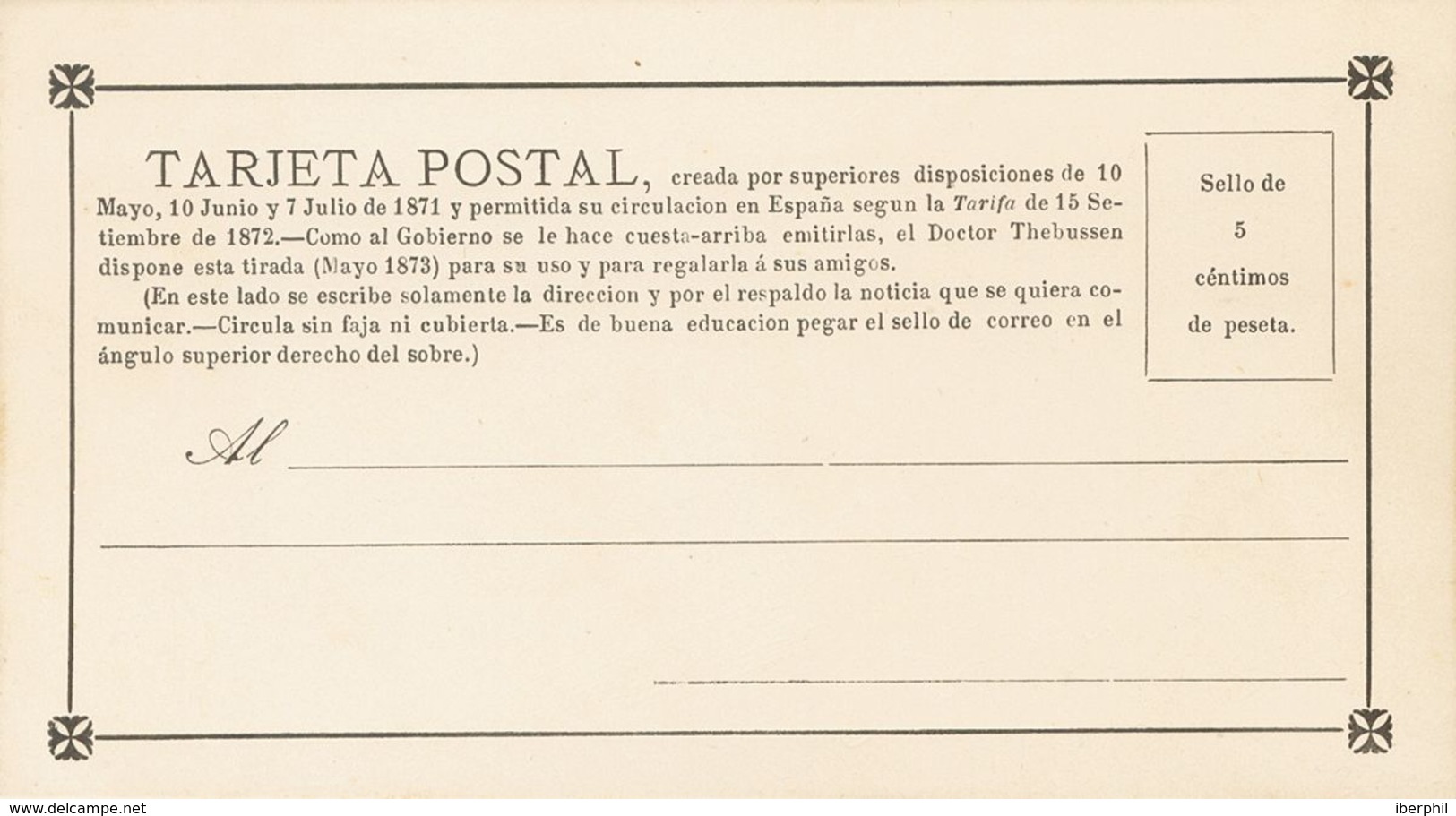 (*)EPPR1. 1873. 5 Cts Negro. TARJETA POSTAL PROVISORIA (Thebusem Con "n"). MAGNIFICA Y RARA, EDITADA COMO UNA CRITICA PO - Andere & Zonder Classificatie