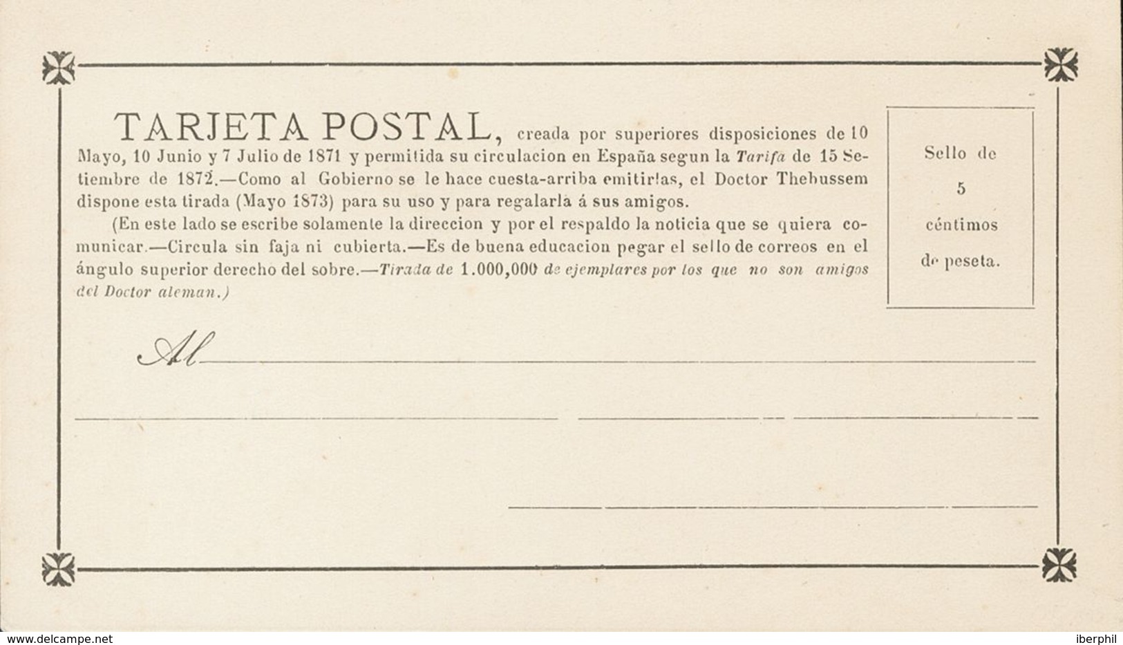 (*)EPPR2. 1873. 5 Cts Negro. TARJETA POSTAL PROVISORIA "Tirada De 1.000.000 De Ejemplares Por Los Que No Son Amigos Del  - Sonstige & Ohne Zuordnung