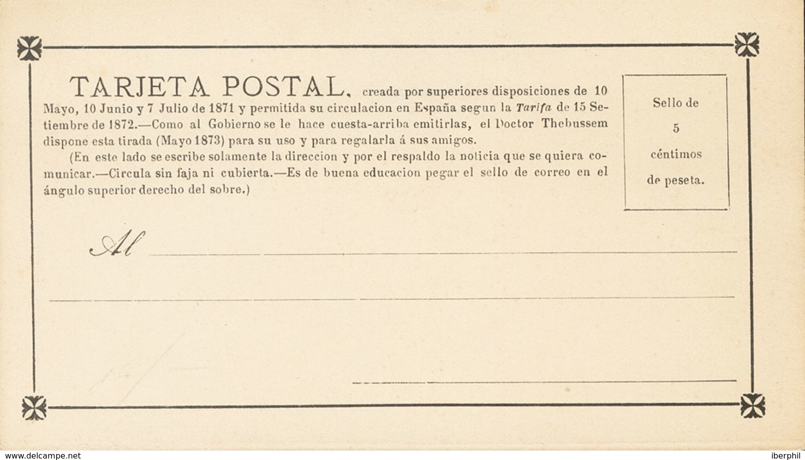 (*)EPPR3. 1873. 5 Cts Negro. TARJETA POSTAL PROVISORIA (Thebussem Con "m"). MAGNIFICA Y RARA, EDITADA COMO UNA CRITICA P - Sonstige & Ohne Zuordnung