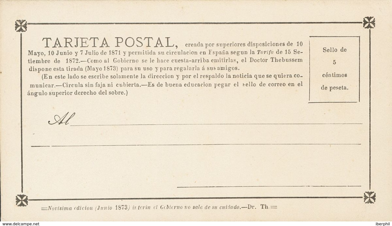 (*)EPPR4. 1873. 5 Cts Negro. TARJETA POSTAL PROVISORIA Con Pie "Novisima Edición (Junio 1873) Interin El Gobierno No Sal - Andere & Zonder Classificatie