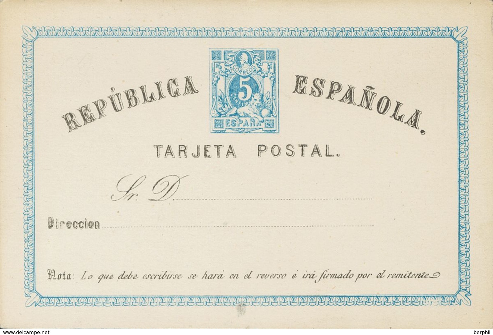 (*)EP1. 1873. 5 Cts Azul Sobre Tarjeta Entero Postal. MAGNIFICA. Edifil 2019: 66 Euros - Sonstige & Ohne Zuordnung