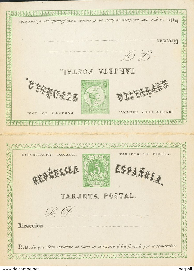 (*)EP2. 1873. 5 Cts+5 Cts Verde Sobre Tarjeta Entero Postal, De Ida Y Vuelta. MAGNIFICA. Edifil 2019: 102 Euros - Autres & Non Classés