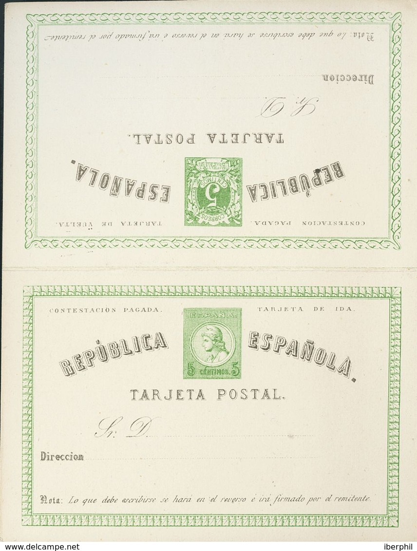 (*)EP2A. 1873. 5 Cts+5 Cts Verde Sobre Tarjeta Entero Postal, De Ida Y Vuelta (Tipo II). MAGNIFICA Y RARA. Edifil 2019:  - Autres & Non Classés
