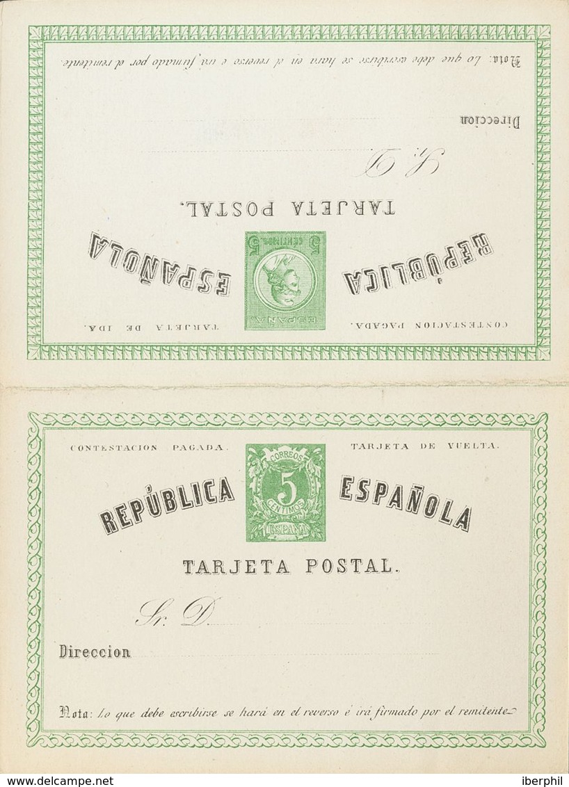 (*)EP4. 1873. 5 Cts+5 Cts Verde Sobre Tarjeta Entero Postal, De Ida Y Vuelta. MAGNIFICA. Edifil 2019: 106 Euros - Autres & Non Classés
