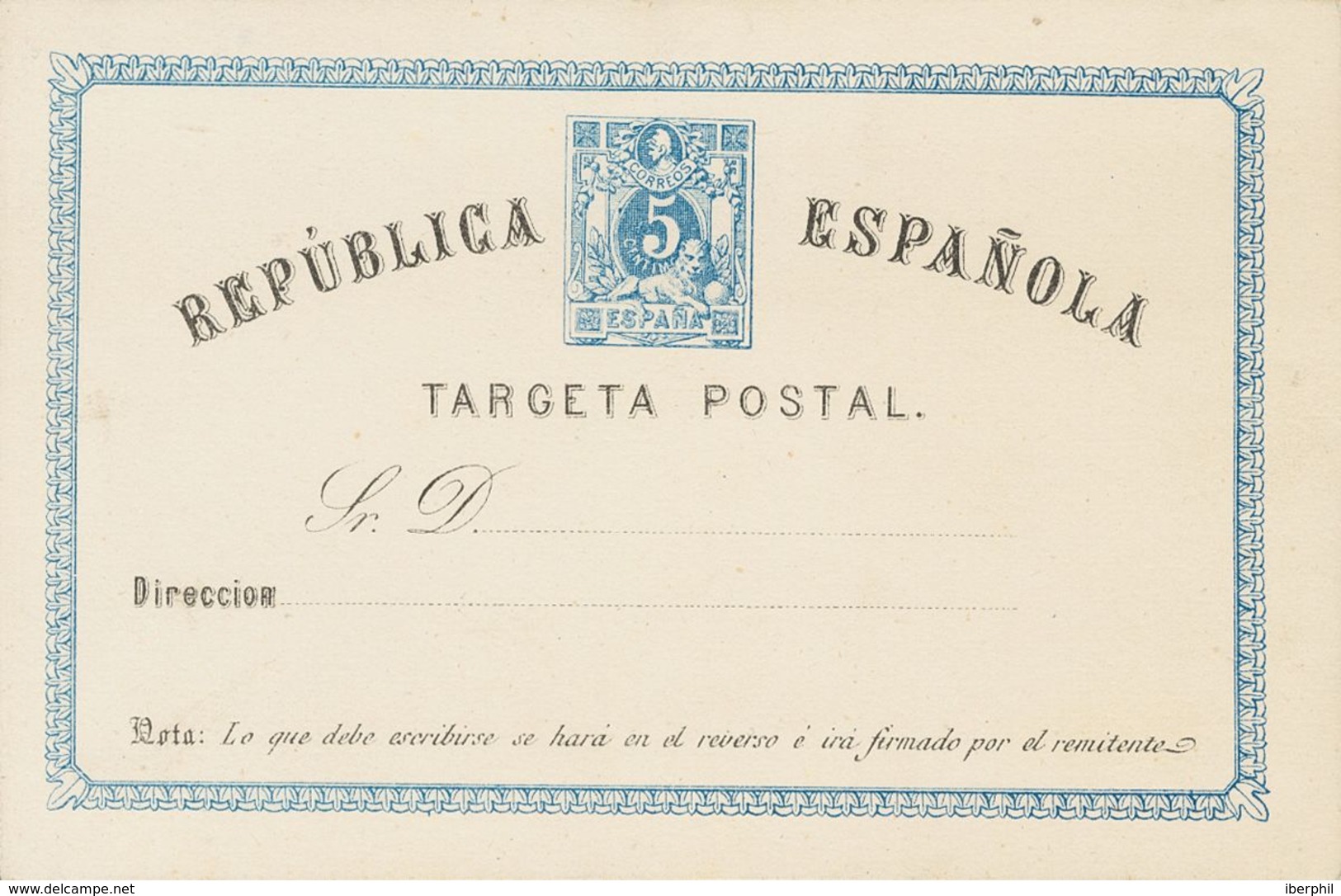 (*)EP5. 1874. 5 Cts Azul Sobre Tarjeta Entero Postal. MAGNIFICA. Edifil 2019: 66 Euros - Andere & Zonder Classificatie