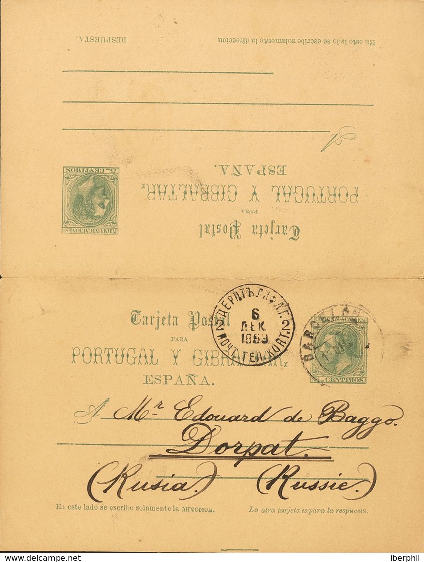 Sobre EP14. 1889. 5 Cts+5 Cts Verde Sobre Tarjeta Entero Postal Circulada Sólamente La Ida De BARCELONA A DORPAT (RUSIA) - Autres & Non Classés