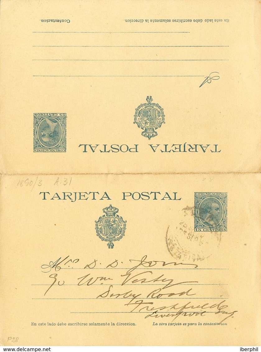 Sobre EP28. 1900. 15 Cts+15 Cts Azul Sobre Tarjeta Entero Postal Circulada Sólamente La Ida De VALENCIA A LIVERPOOL (ING - Other & Unclassified