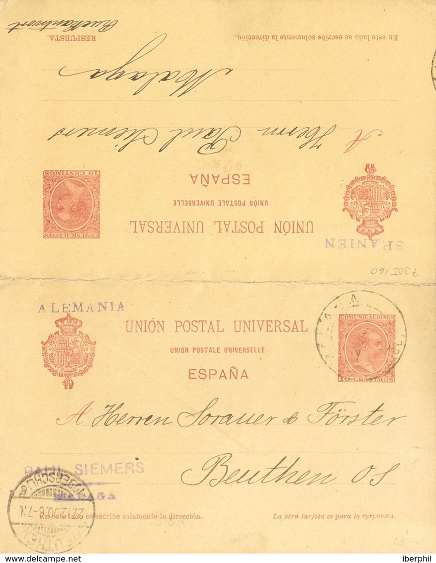 Sobre EP33. 1900. 10 Cts+10 Cts Carmín Sobre Tarjeta Entero Postal Circulada Sólamente La Ida De MALAGA A BEUTHEN (ALEMA - Sonstige & Ohne Zuordnung