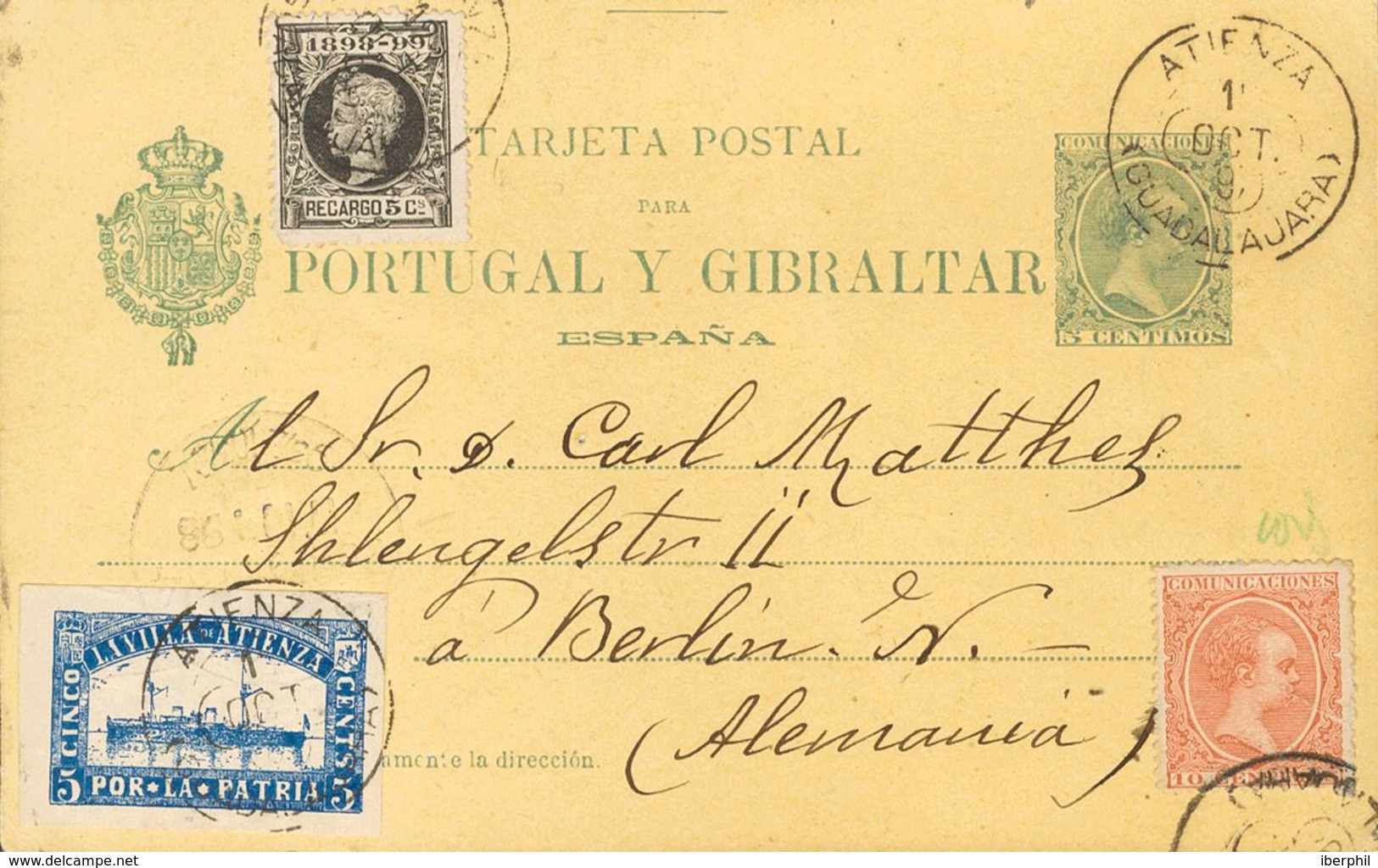 Sobre EP34, 217, 240. 1898. 5 Cts Sobre Tarjeta Entero Postal De ATIENZA (GUADALAJARA) A BERLIN (ALEMANIA), Con Franqueo - Andere & Zonder Classificatie