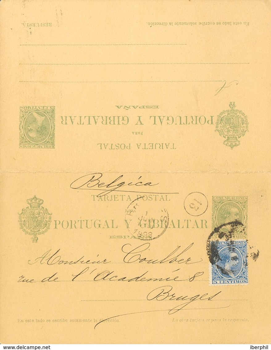 Sobre EP35. 1898. 5 Cts+5 Cts Verde Sobre Tarjeta Entero Postal Circulada Sólamente La Ida De MALAGA A BRUJAS (BELGICA), - Autres & Non Classés