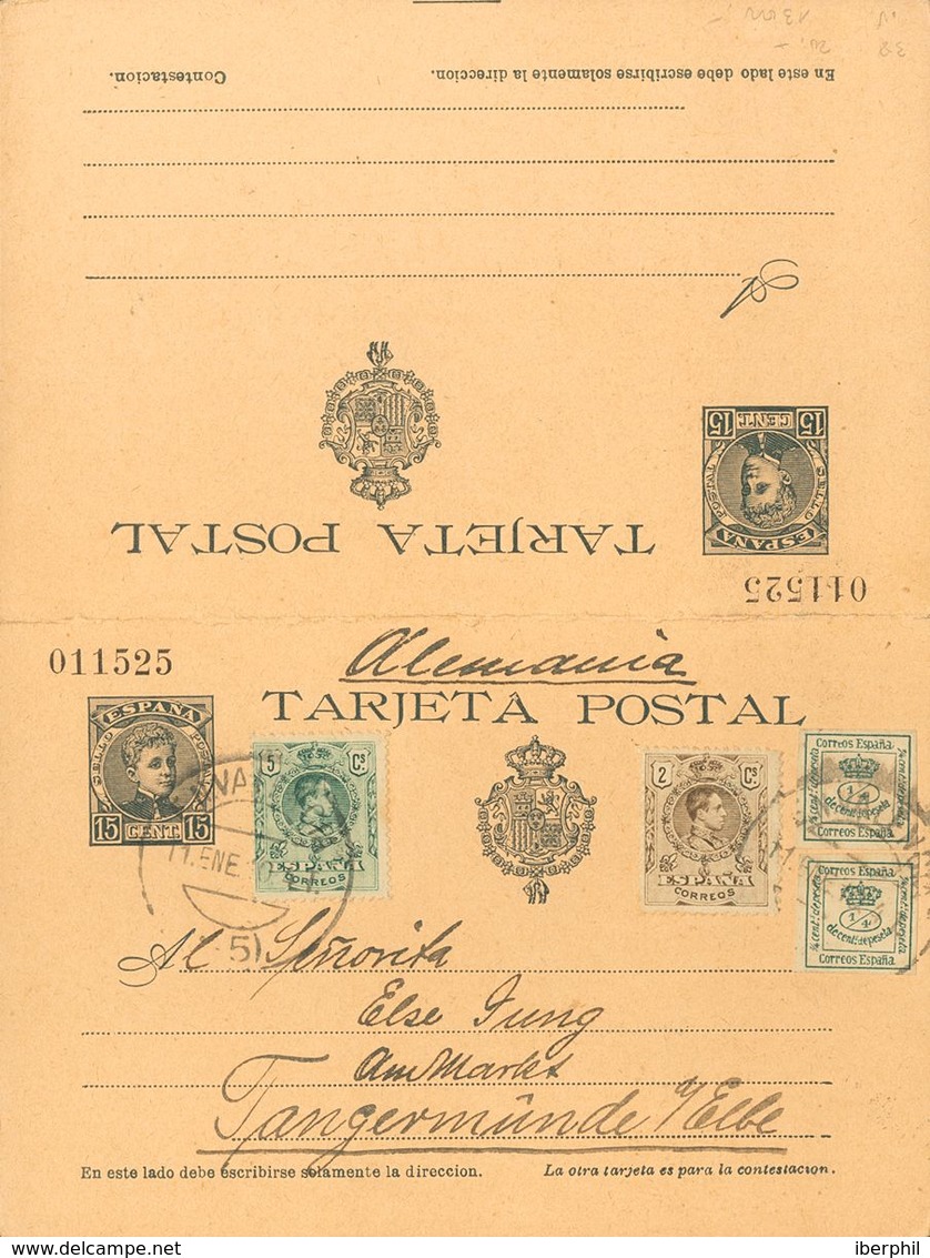 Sobre EP38. 1910. 15 Cts+15 Cts Pizarra Sobre Tarjeta Entero Postal Circulada Sólamente La Ida De VALENCIA A TANGERMUNDE - Autres & Non Classés