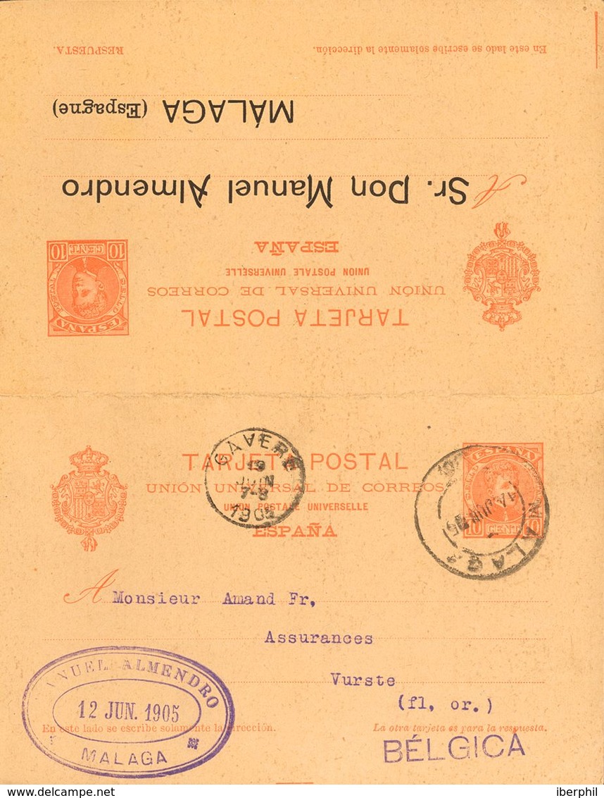 Sobre EP41. 1905. 10 Cts+10 Cts Naranja Sobre Tarjeta Entero Postal Circulada Sólamente La Ida De MALAGA A VURSTE (BELGI - Autres & Non Classés