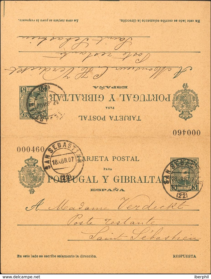 Sobre EP44. 1907. 5 Cts+5 Cts Verde Azul Sobre Tarjeta Entero Postal Correo Interior De SAN SEBASTIAN, De Ida Y Vuelta.  - Autres & Non Classés