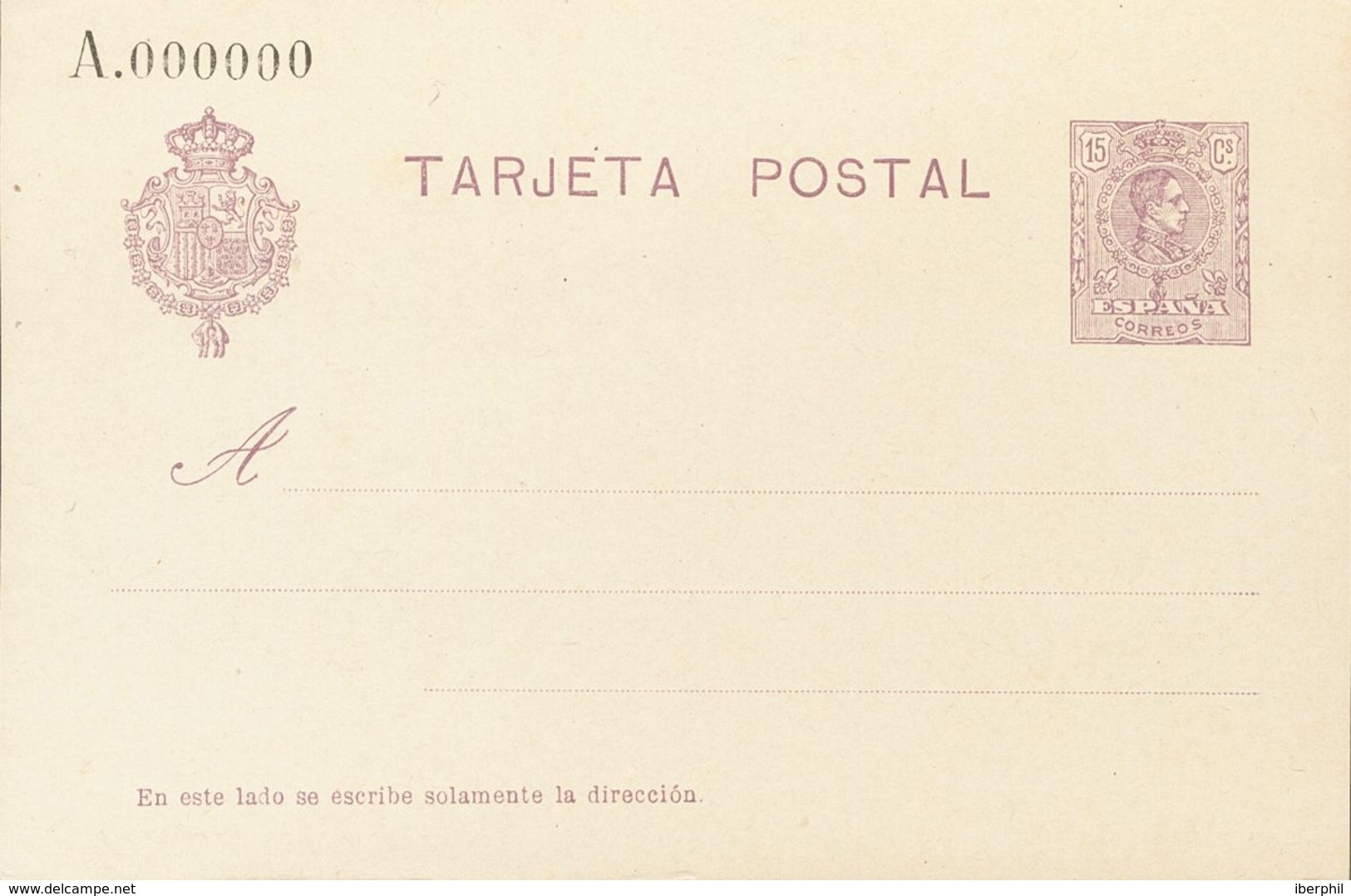 (*)50N. 1910. 15 Cts Violeta Sobre Tarjeta Entero Postal. NºA000000. MAGNIFICA. Edifil 2017: 105 Euros - Sonstige & Ohne Zuordnung