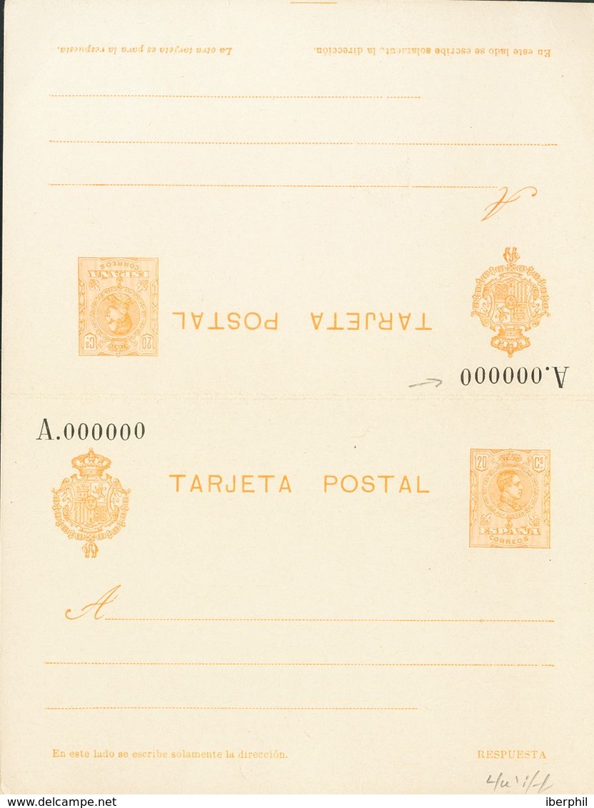 (*)EP52N. 1910. 20 Cts+20 Cts Naranja Sobre Tarjeta Entero Postal, De Ida Y Vuelta. NºA000000. MAGNIFICA. Edifil 2017: 1 - Autres & Non Classés