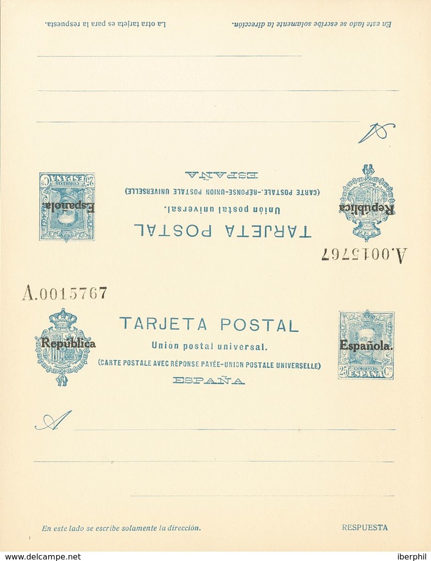 (*)EP65. 1931. 25 Cts+25 Cts Azul Sobre Tarjeta Entero Postal, De Ida Y Vuelta (plancha). MAGNIFICA Y RARA. Edifil 2019: - Autres & Non Classés