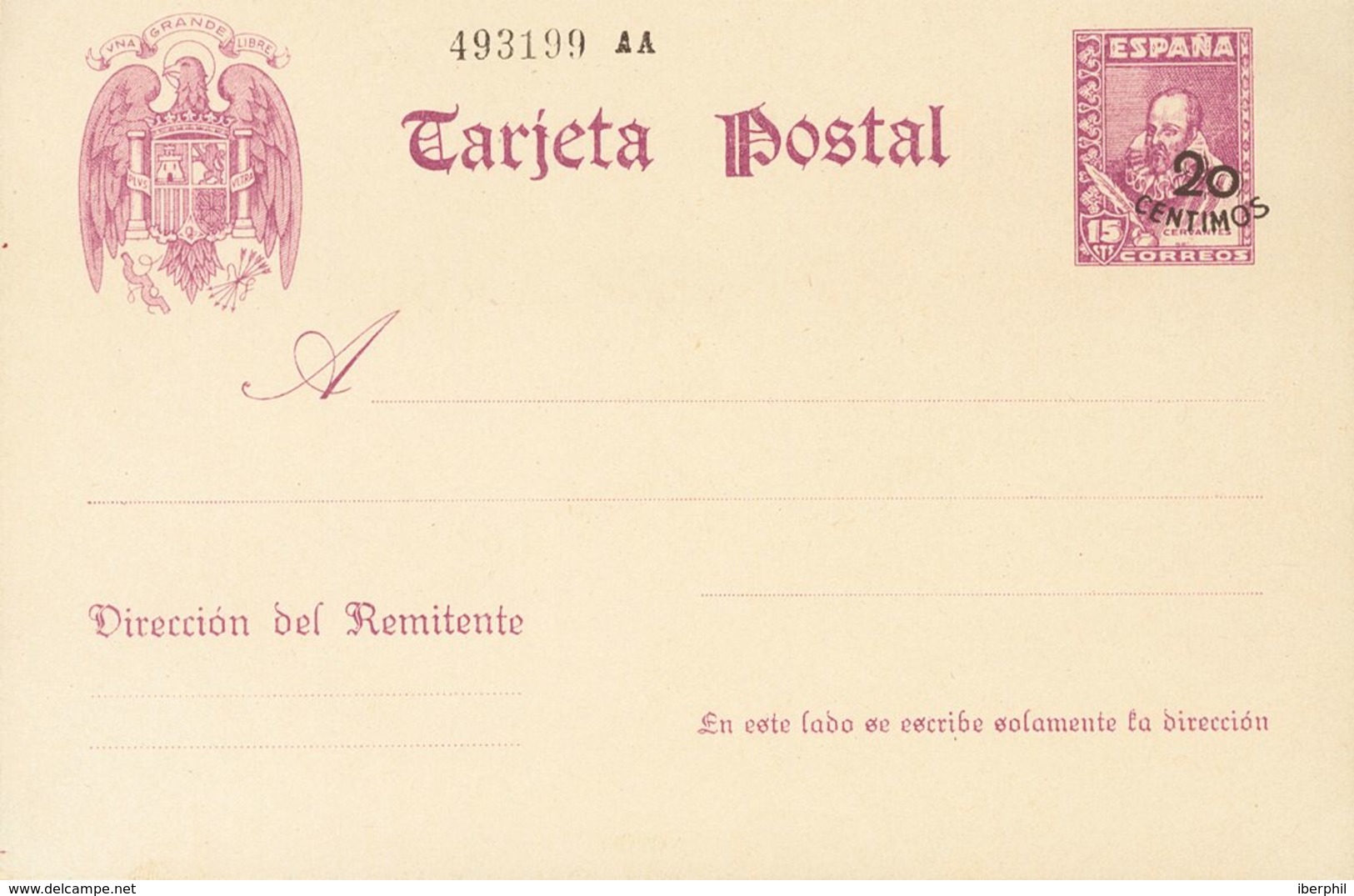 (*)EP85. 1938. 20 Cts Sobre 15 Cts Violeta Sobre Tarjeta Entero Postal. MAGNIFICA. Edifil 2019: +++225 Euros - Autres & Non Classés