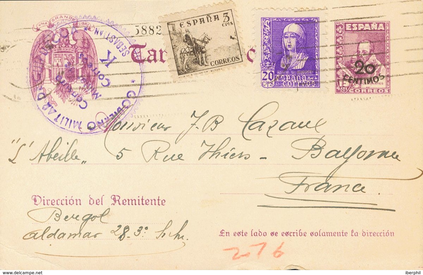 Sobre EP85. 1939. 20 Cts Sobre 15 Cts Violeta Sobre Tarjeta Entero Postal De SAN SEBASTIAN A BAYONA (FRANCIA), Con Franq - Autres & Non Classés