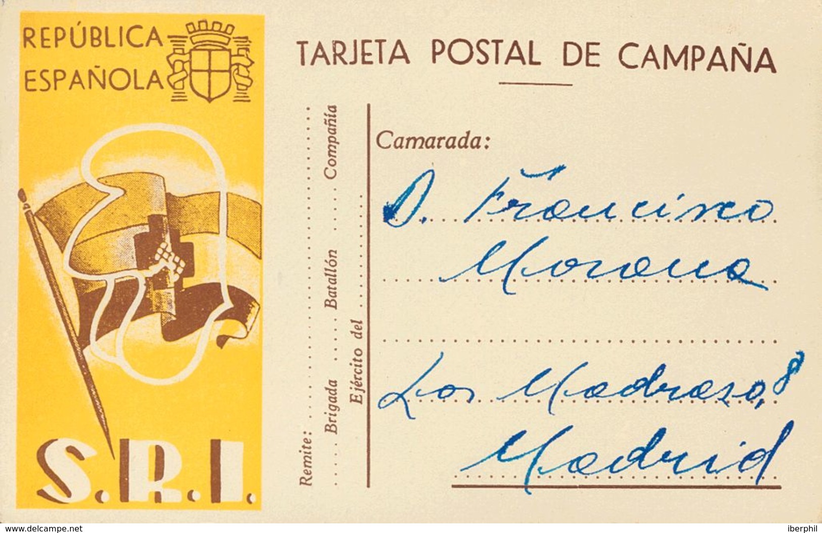 Sobre . 1938. Tarjeta Postal De Campaña S.R.I. Dirigida A MADRID. MAGNIFICA. - Andere & Zonder Classificatie