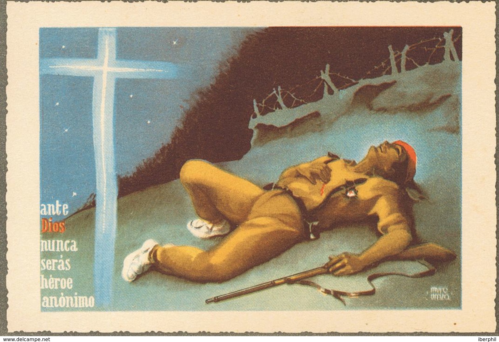 Sobre . 1937. Tarjeta Postal Ilustrada (Carlista) ANTE DIOS NUNCA SERAS HEROE ANONIMO. MAGNIFICA. - Andere & Zonder Classificatie