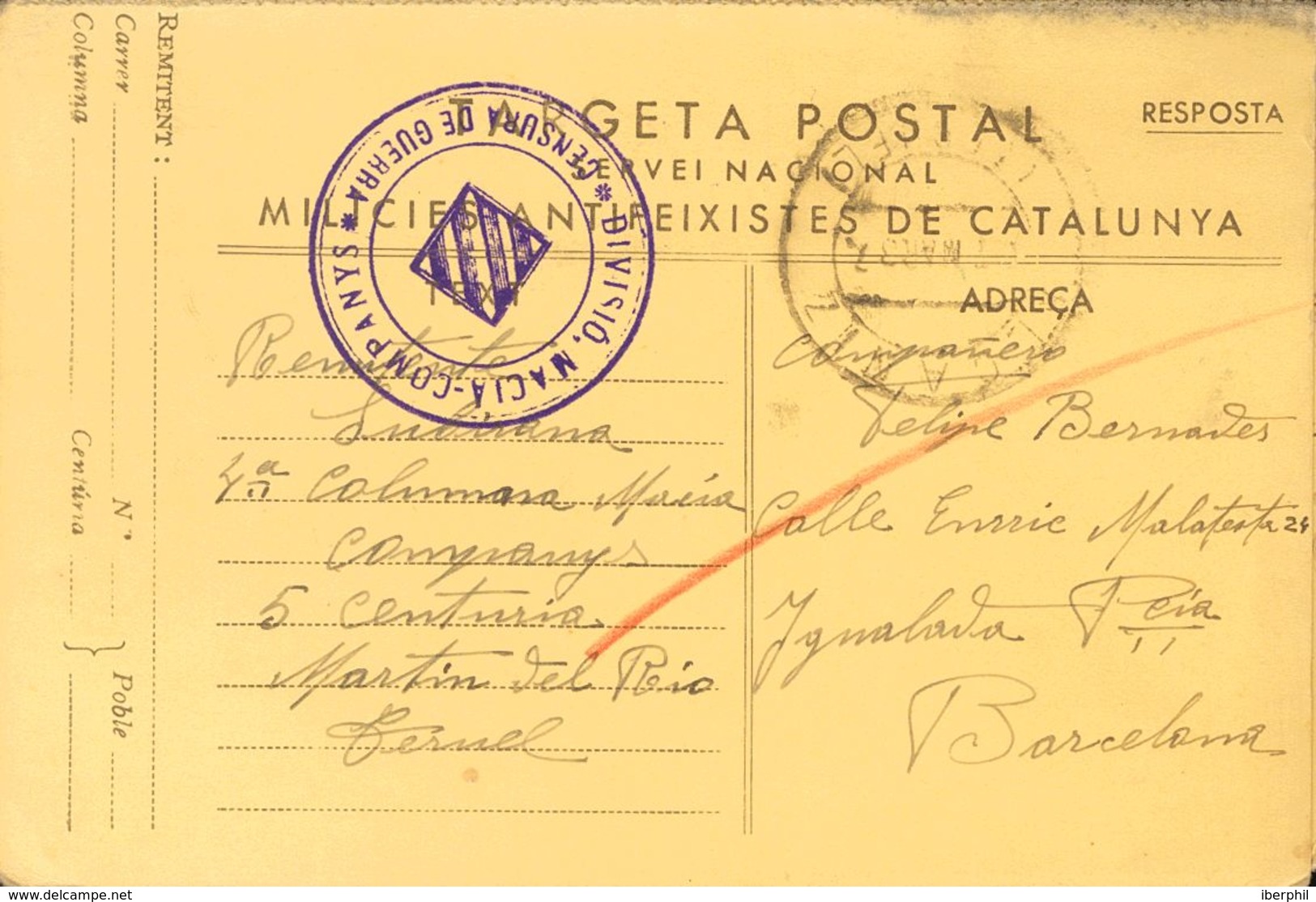 Sobre . 1937. Tarjeta Postal Del SERVEI NACIONAL MILICIES ANTIFEIXISTES DE CATALUNYA De MARTIN DEL RIO (TERUEL) A BARCEL - Otros & Sin Clasificación