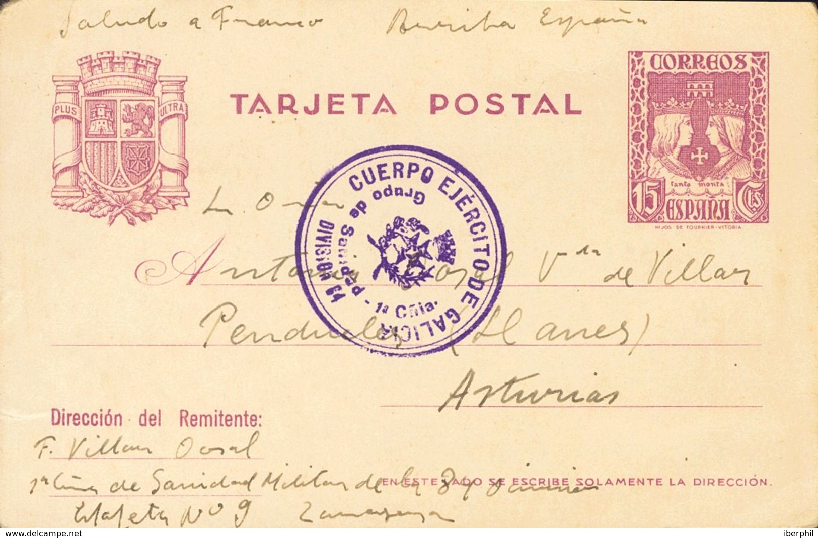 Sobre EP81. 1938. 15 Cts Violeta Sobre Tarjeta Entero Postal De CASTELLOTE (TERUEL) A PENDUELES (ASTURIAS). Marca De Fra - Andere & Zonder Classificatie