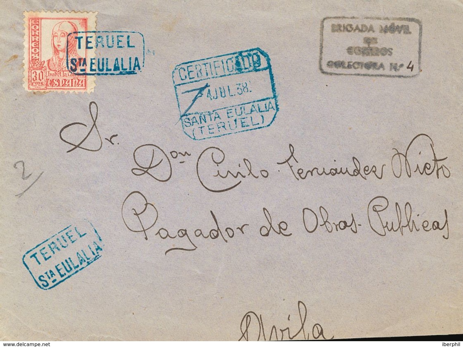 Sobre 823. 1938. 30 Cts Rosa. Certificado De SANTA EULALIA (TERUEL) A AVILA. Matasello Cartería TERUEL / STª EULALIA, En - Sonstige & Ohne Zuordnung